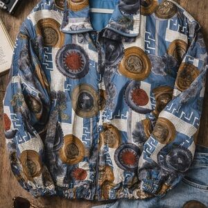 Vintage 90s Silk Bomber Jacket Retro Print Oversized Large